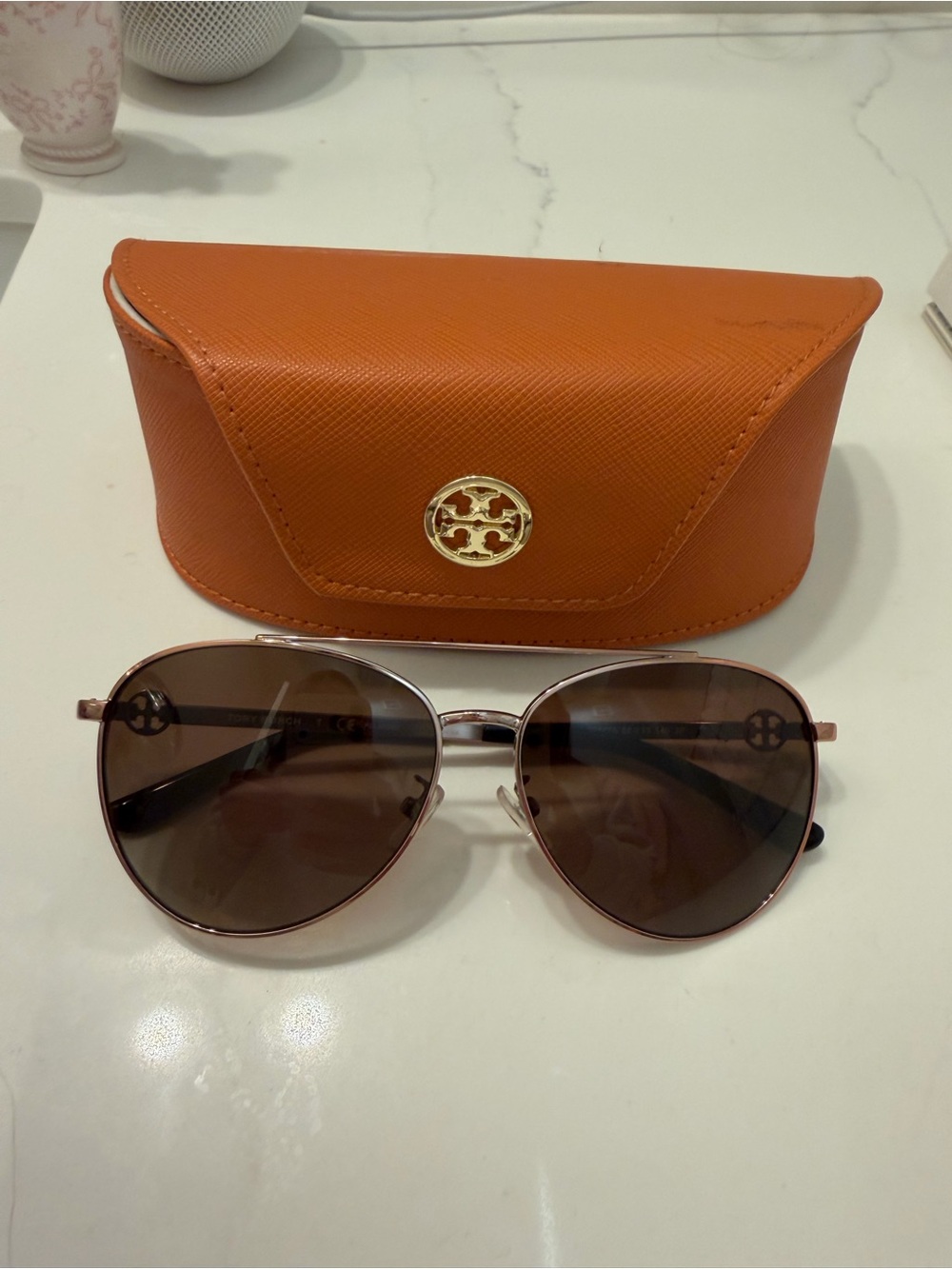 Tory Burch Rose Gold Aviator Sunglasses TY6074 Brown Gradient Lenses w/ Case